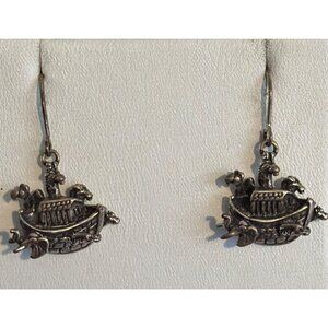 Vintage Shube Sterling Silver Noah's Ark Dangle Earrings 3D Hooks 1" Long Estate